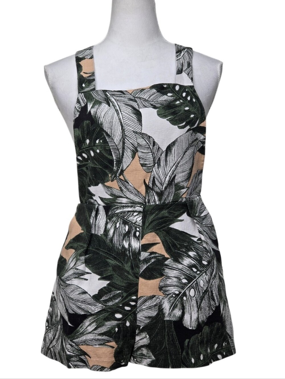 Topshop Tropical Leaf Print Square-Neck Romper in Green, Black & Tan